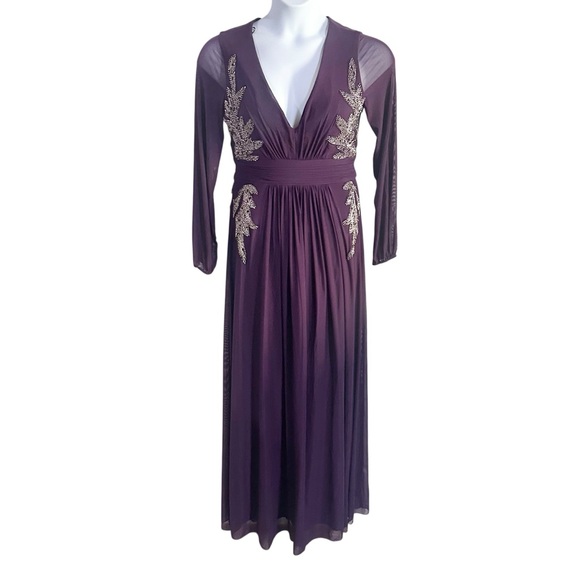Betsy & Adam Kylie V-Neck Embroidered Chiffon Gown in Plum Purple Size 10 NWT - Picture 2 of 8